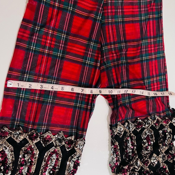 Disco Lemonade X Lux Muse Red Plaid & Sequin Mix Media Bell Bottom Flare Pants - Picture 13 of 15